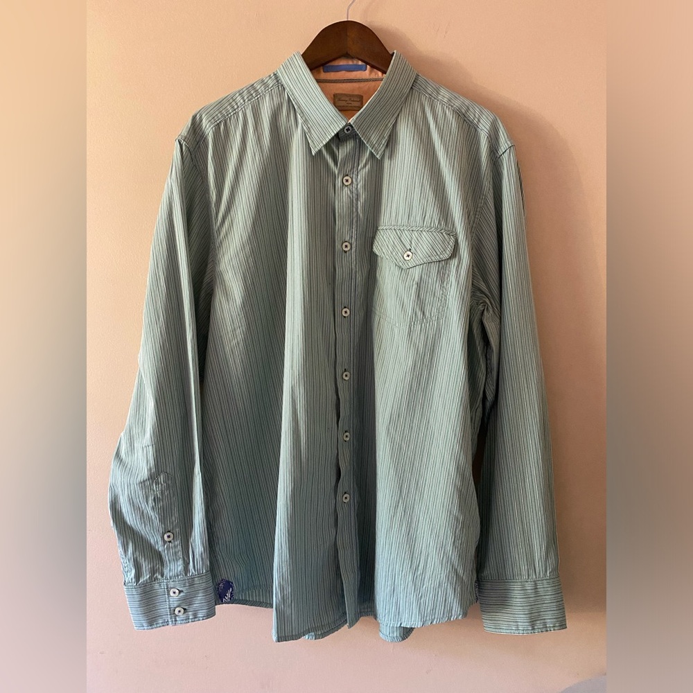 Tommy Bahama Jeans Shirt Mens XL Green Striped Long Sleeve Button Up Casual